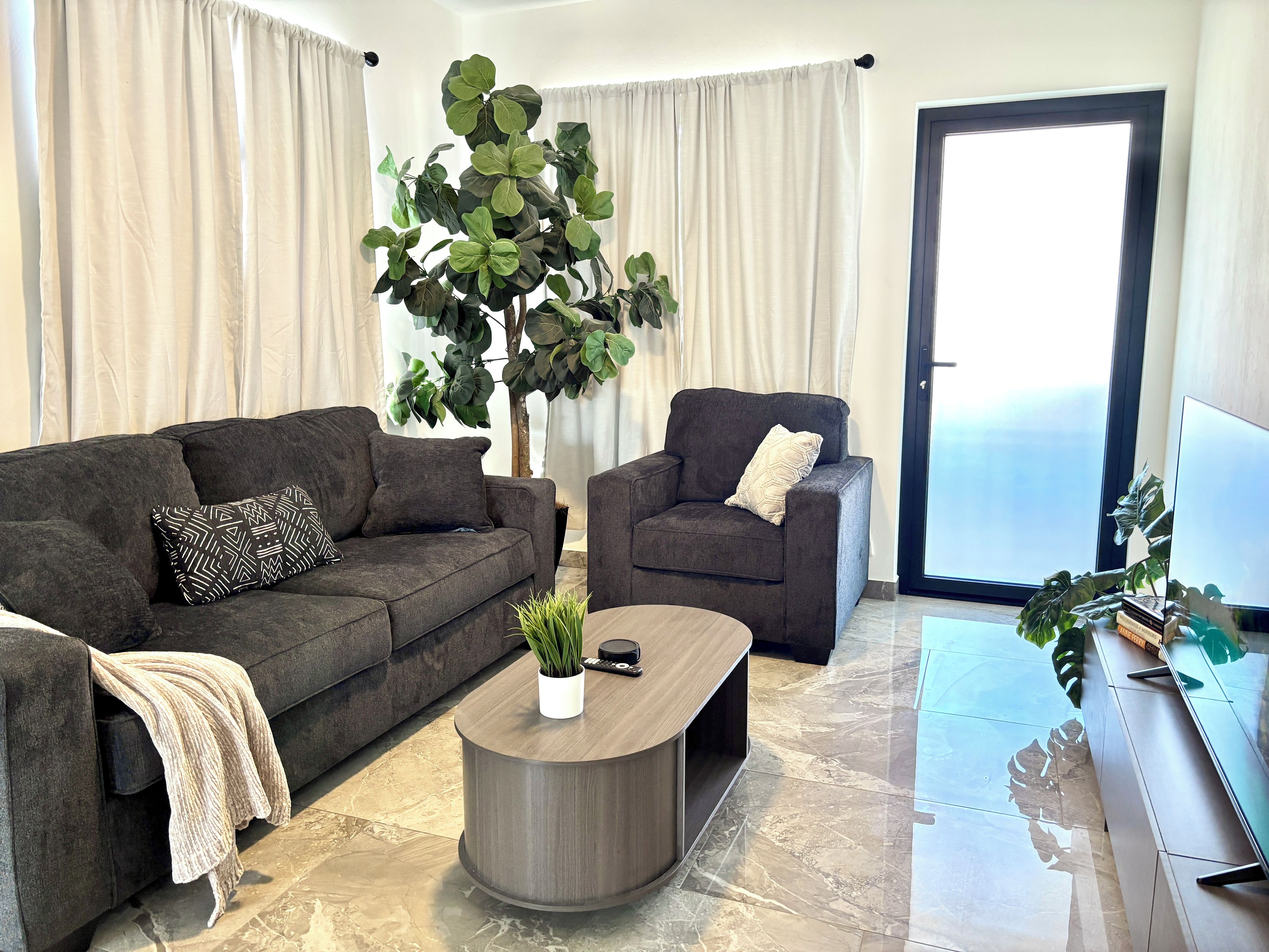 Een moderne woonkamer met een grijze bank, een bijpassende fauteuil, een salontafel en een grote plant.