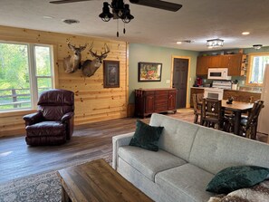 A cozy living room with a leather armchair, a grey sofa with green cushions, a wooden coffee table, and a dining area with a wooden table and chairs.
