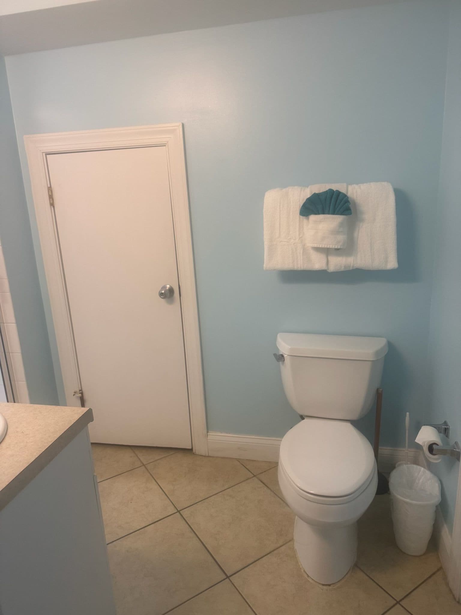 A bathroom with a toilet, a sink, and a towel rack with a towel.