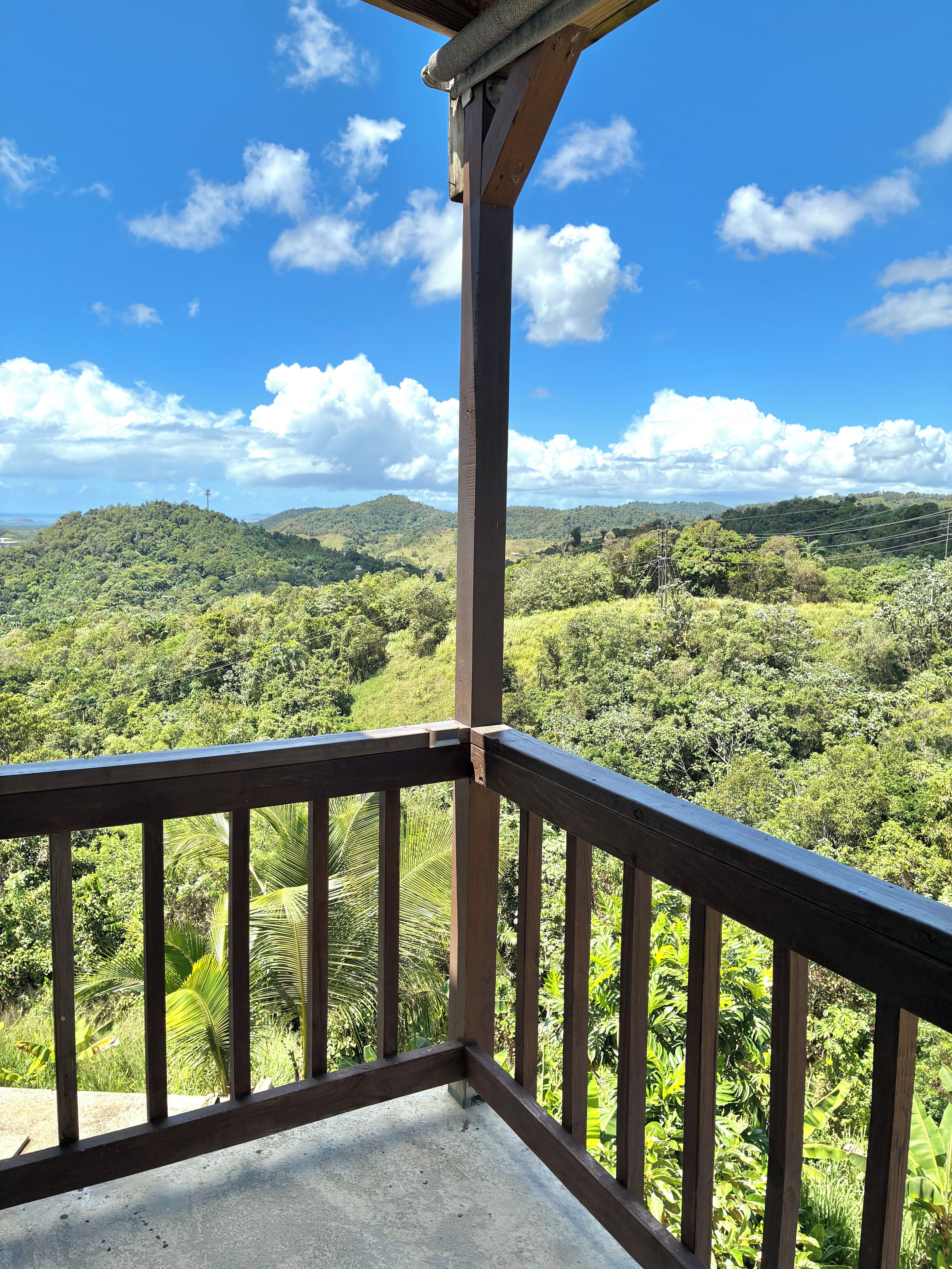 A wooden balcony with a view of a lush green landscape and hills.