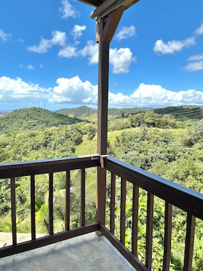 Ein Holzbalkon mit Blick auf eine üppige grüne Landschaft und Hügel.