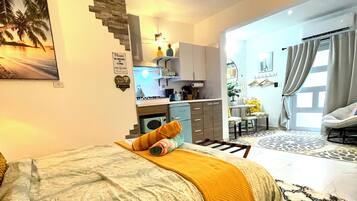 Une chambre avec un lit, une petite kitchenette et une salle de bain.