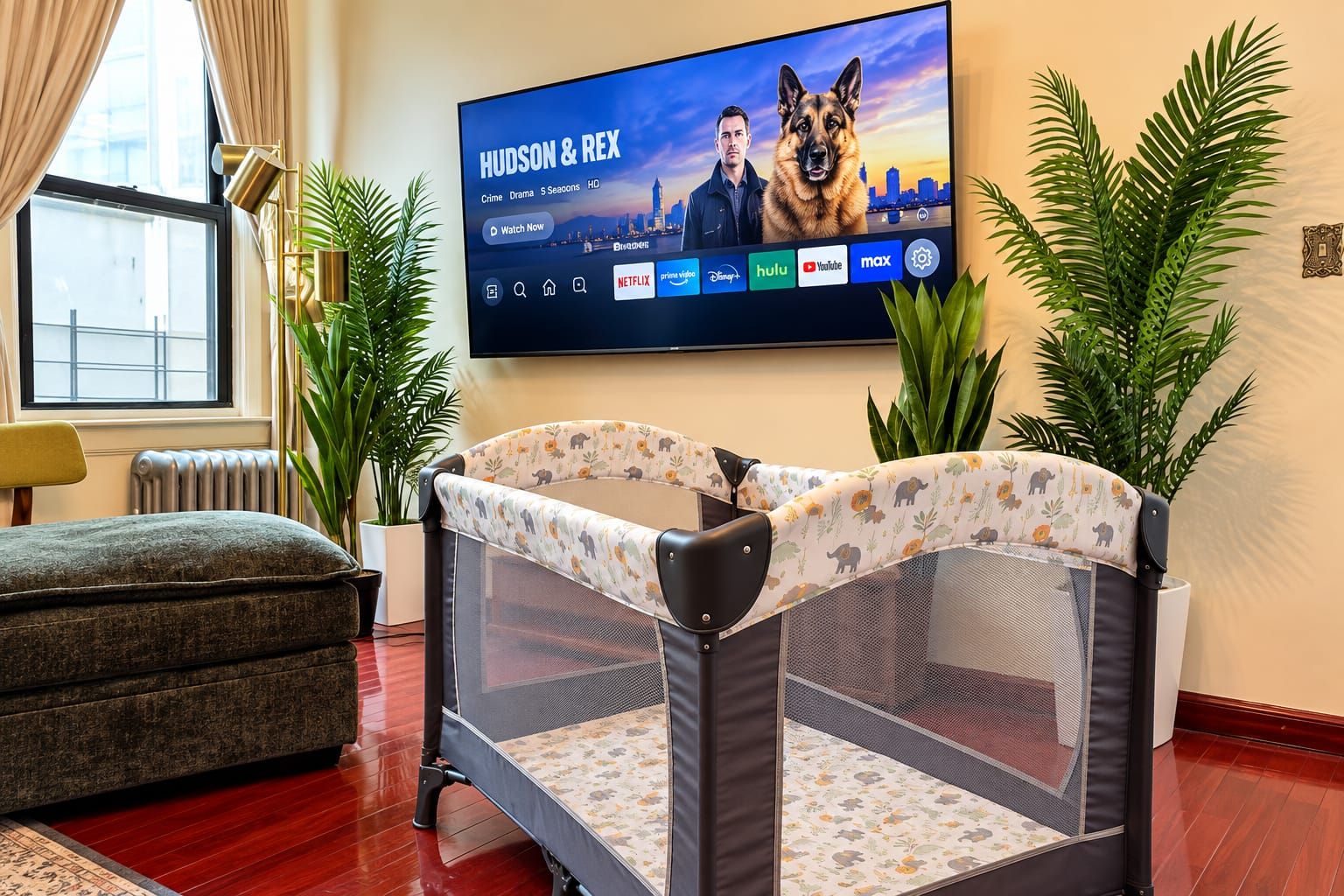 A living room with a television displaying 'Hudson & Rex', a grey sofa, a baby playpen, and two potted plants.