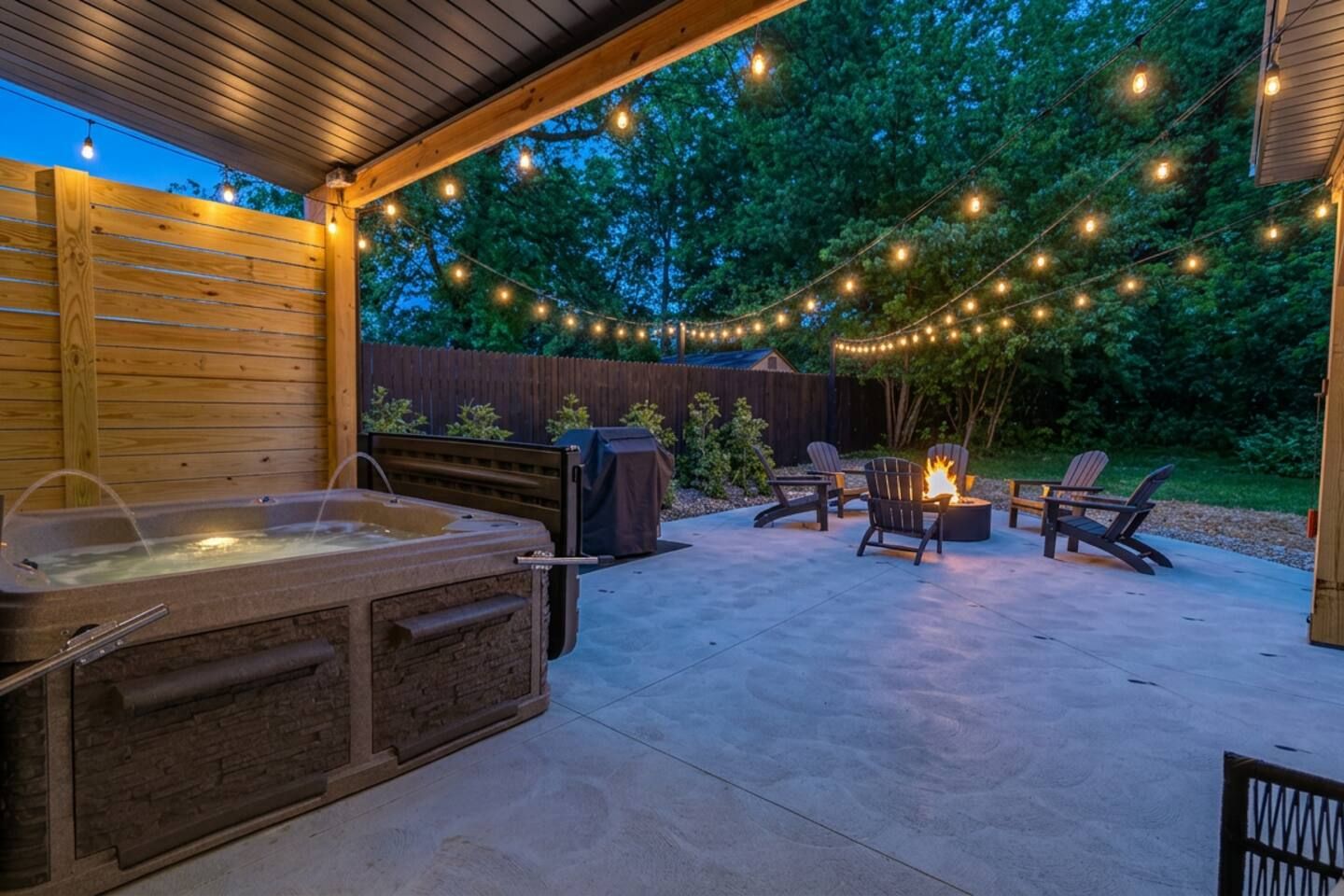 An outdoor patio with a hot tub, seating area, and string lights.