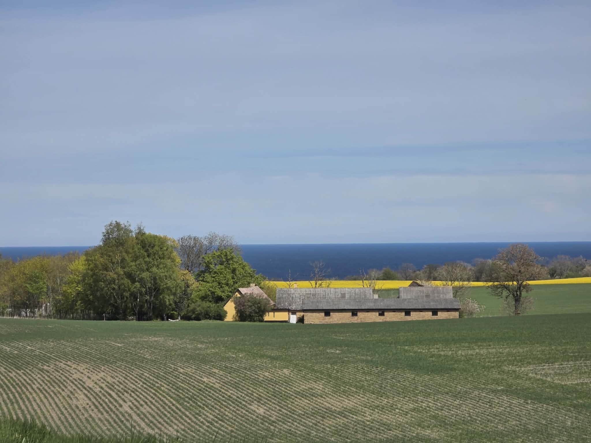 Un paysage rural avec une ferme, des champs à perte de vue et une vue lointaine sur la mer.