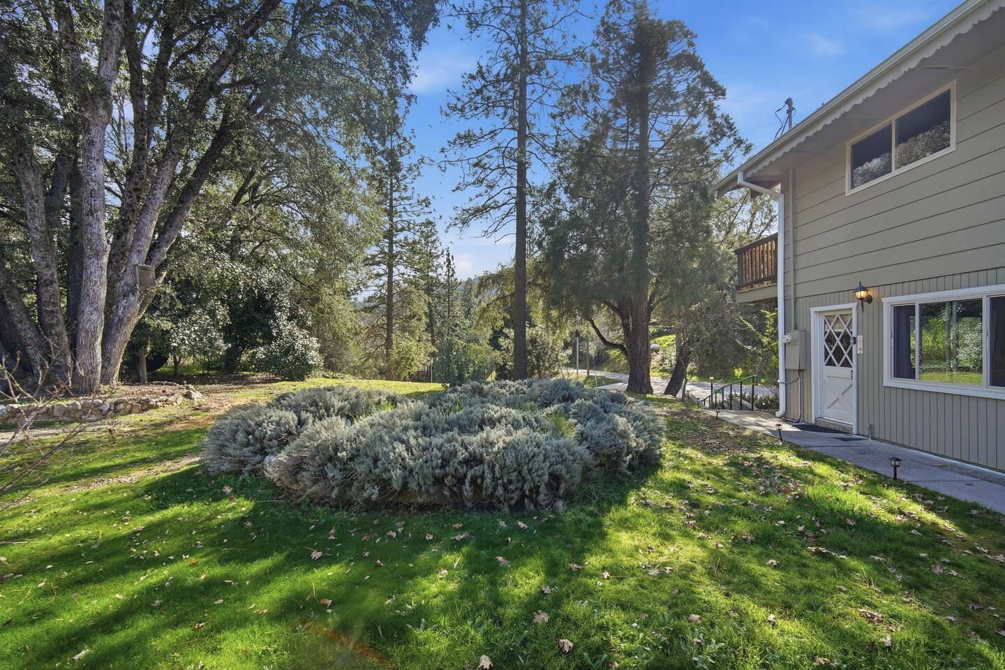 A residential property with a well-maintained lawn, a circular shrubbery, tall trees, and a two-story house with a visible garage.