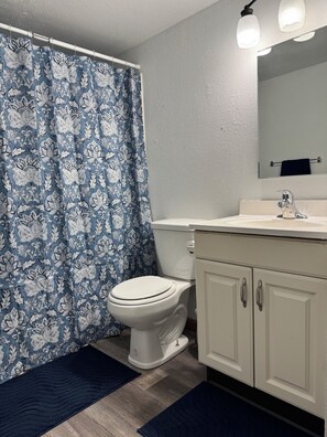 A bathroom with a toilet, a sink, a mirror, and a shower curtain with a floral pattern.
