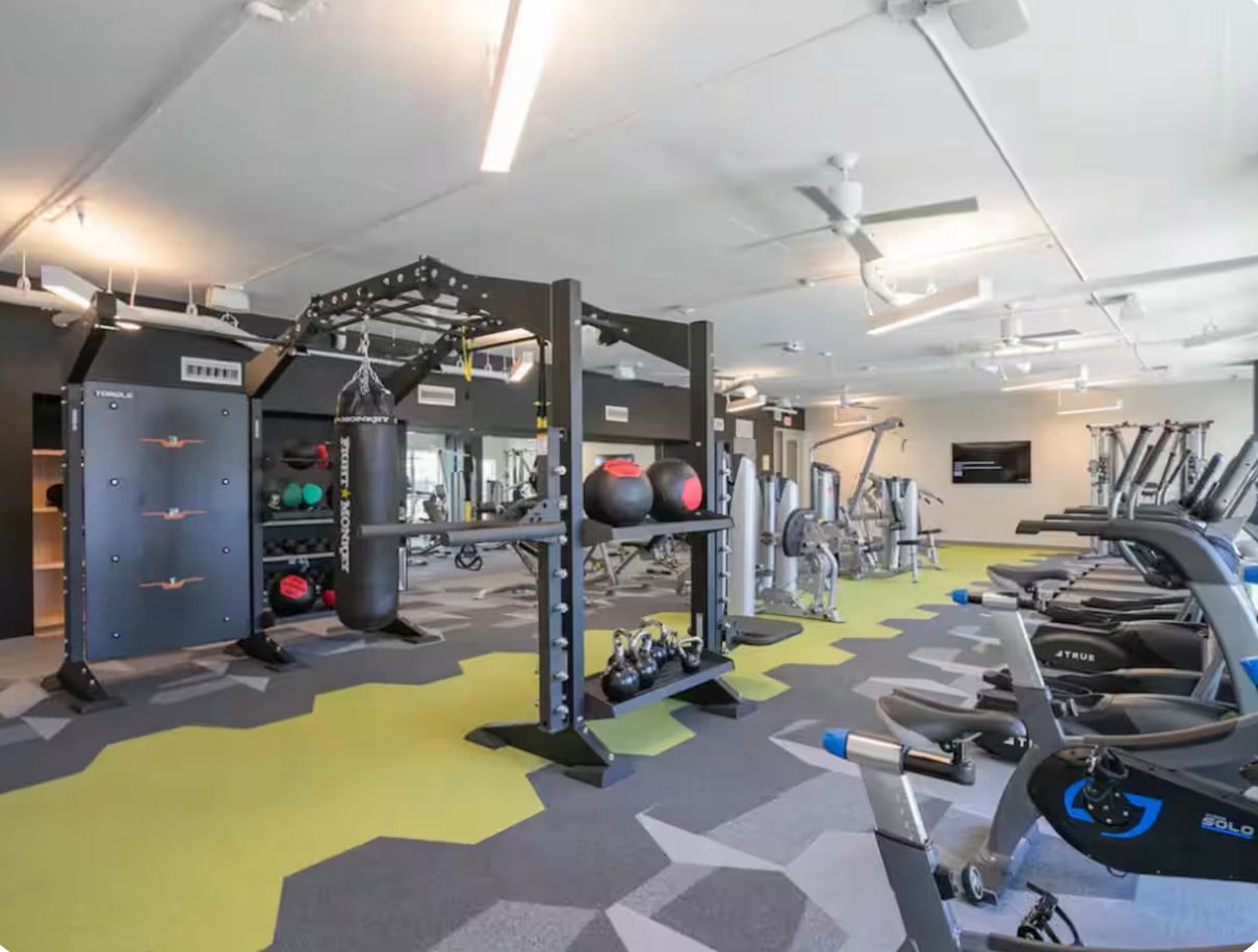 A gym with weightlifting equipment, treadmills, and exercise balls.