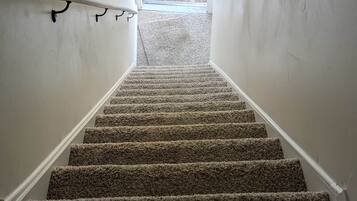 Una escalera con alfombra que da a un rellano con vistas al exterior.