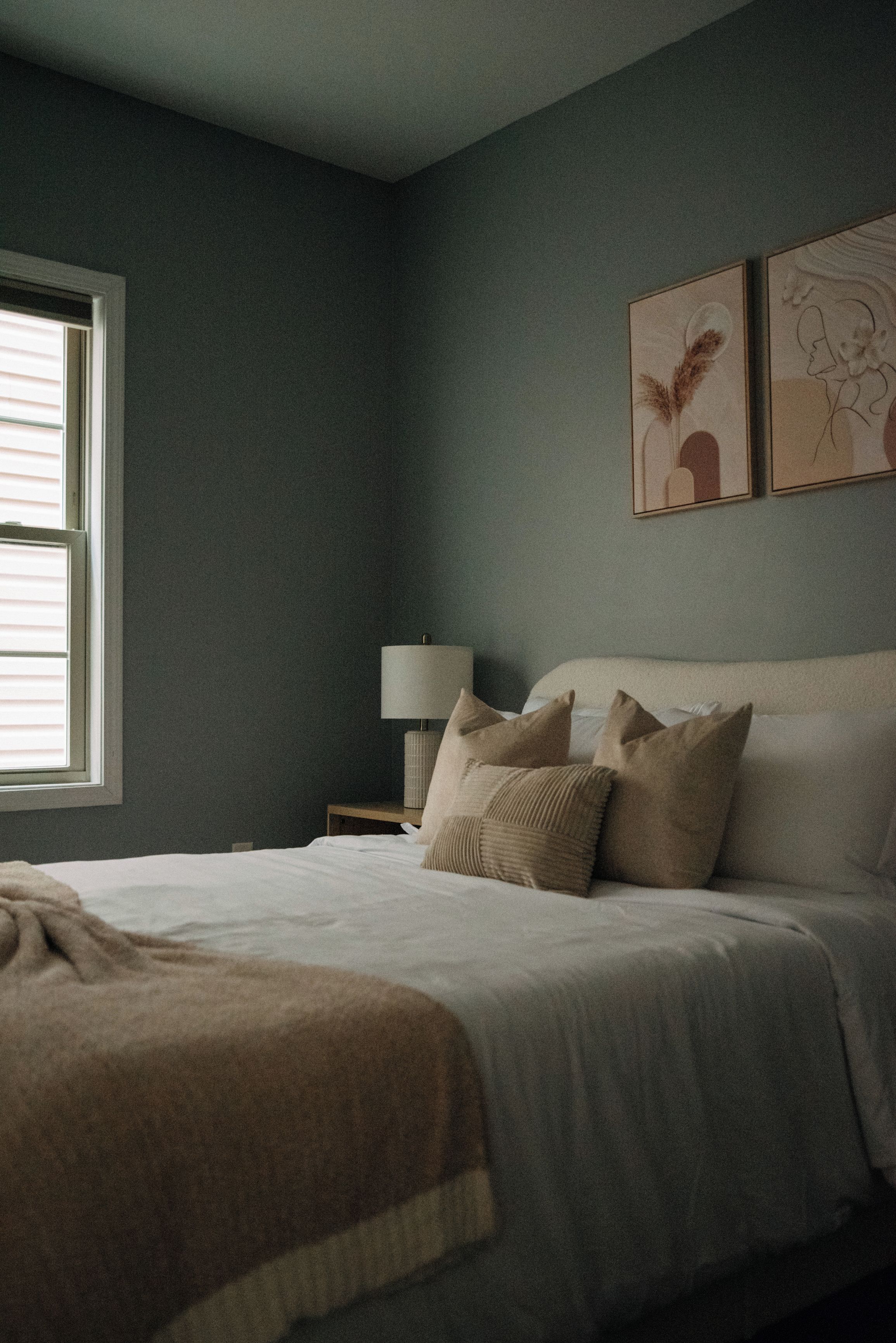 Una camera da letto con un letto, cuscini, un comodino con una lampada e due opere d'arte appese al muro.
