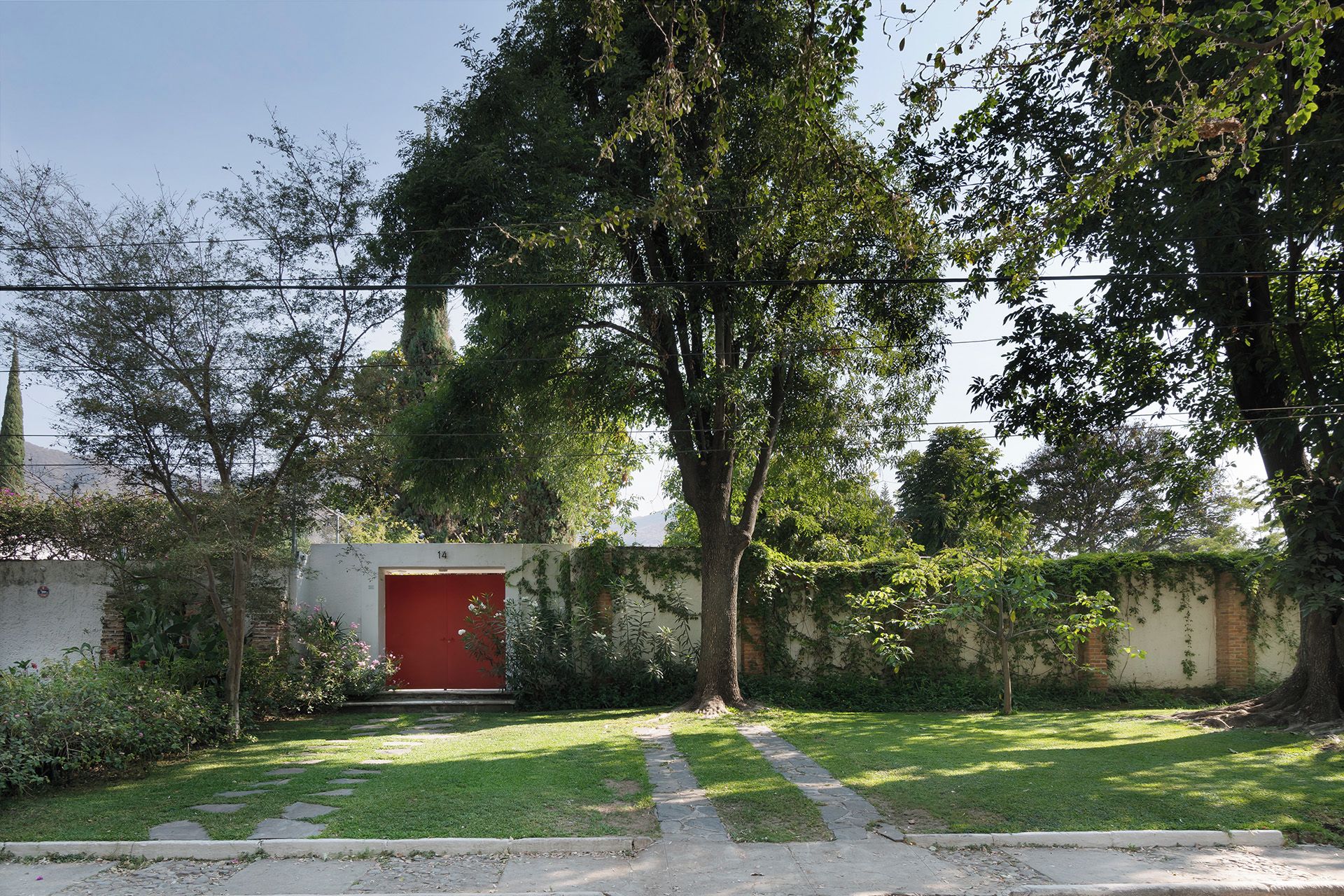 Zona residencial con una puerta roja, un camino pavimentado y un árbol en primer plano.