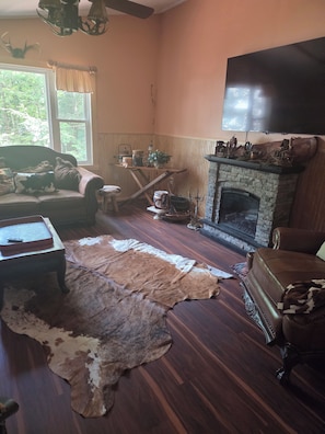 A cozy living room with a fireplace, a television, and a leather rug.