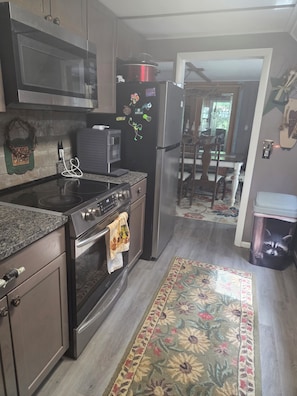 A kitchen with a microwave, stove, refrigerator, and a rug.