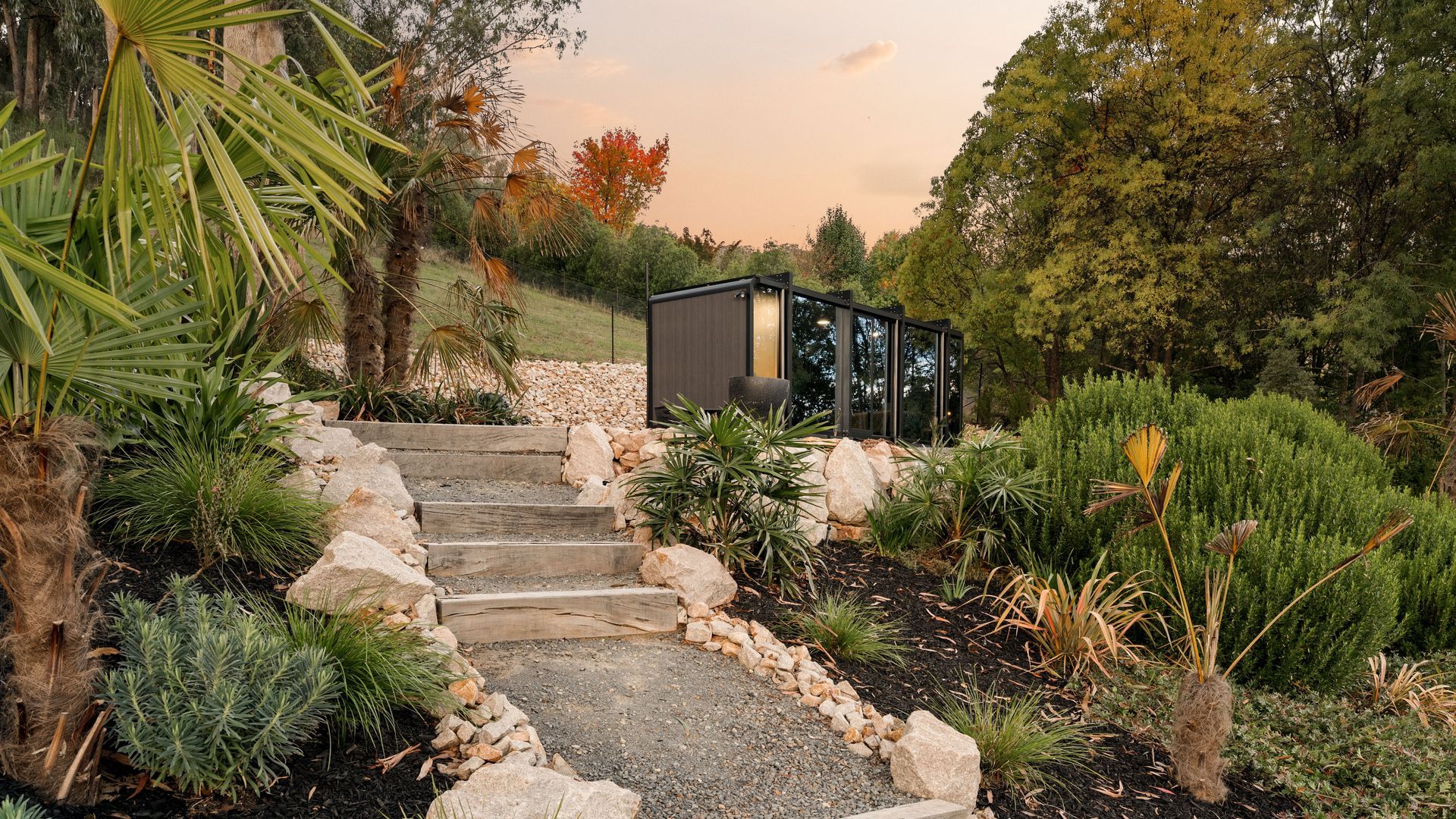 A pathway leading to a modern building surrounded by diverse vegetation.
