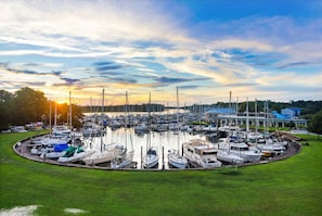 Scenic marina setting with boats and sunset
