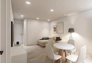 A modern, well-lit living area with a sofa, a dining table with chairs, and a lamp. - Apartment 'Piso Martita' with Wi-Fi (Cedeira)