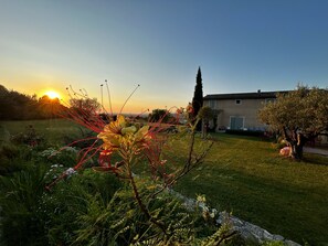 A residential property with a well-maintained lawn, a variety of plants, and a building with a tiled roof. - Au Clair Ventoux (Saint-Didier)