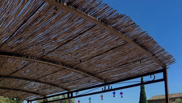 Ett område vid poolen med solstolar och en pergola.