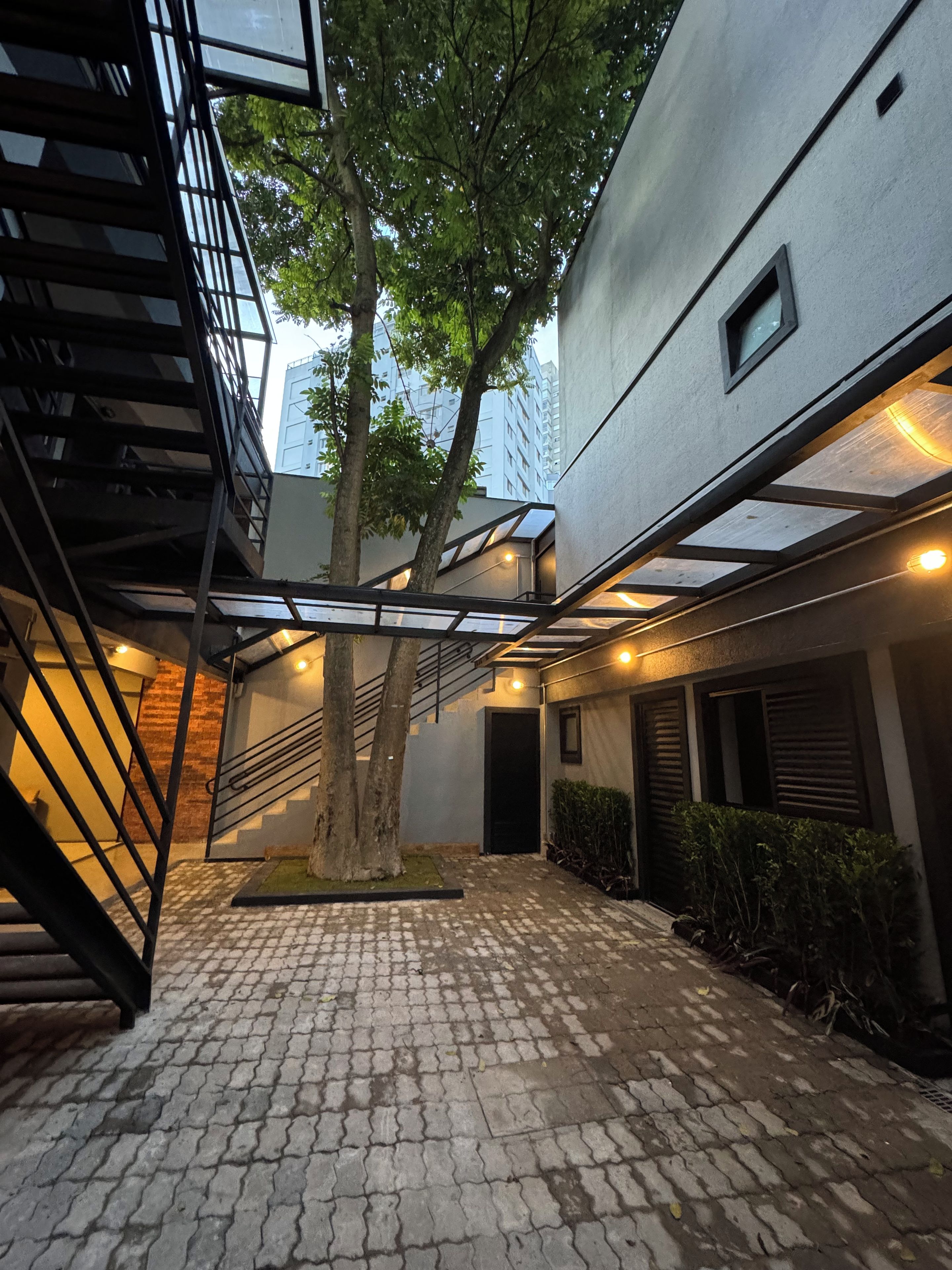 Une cour intérieure avec un escalier, un arbre et un bâtiment au design moderne.