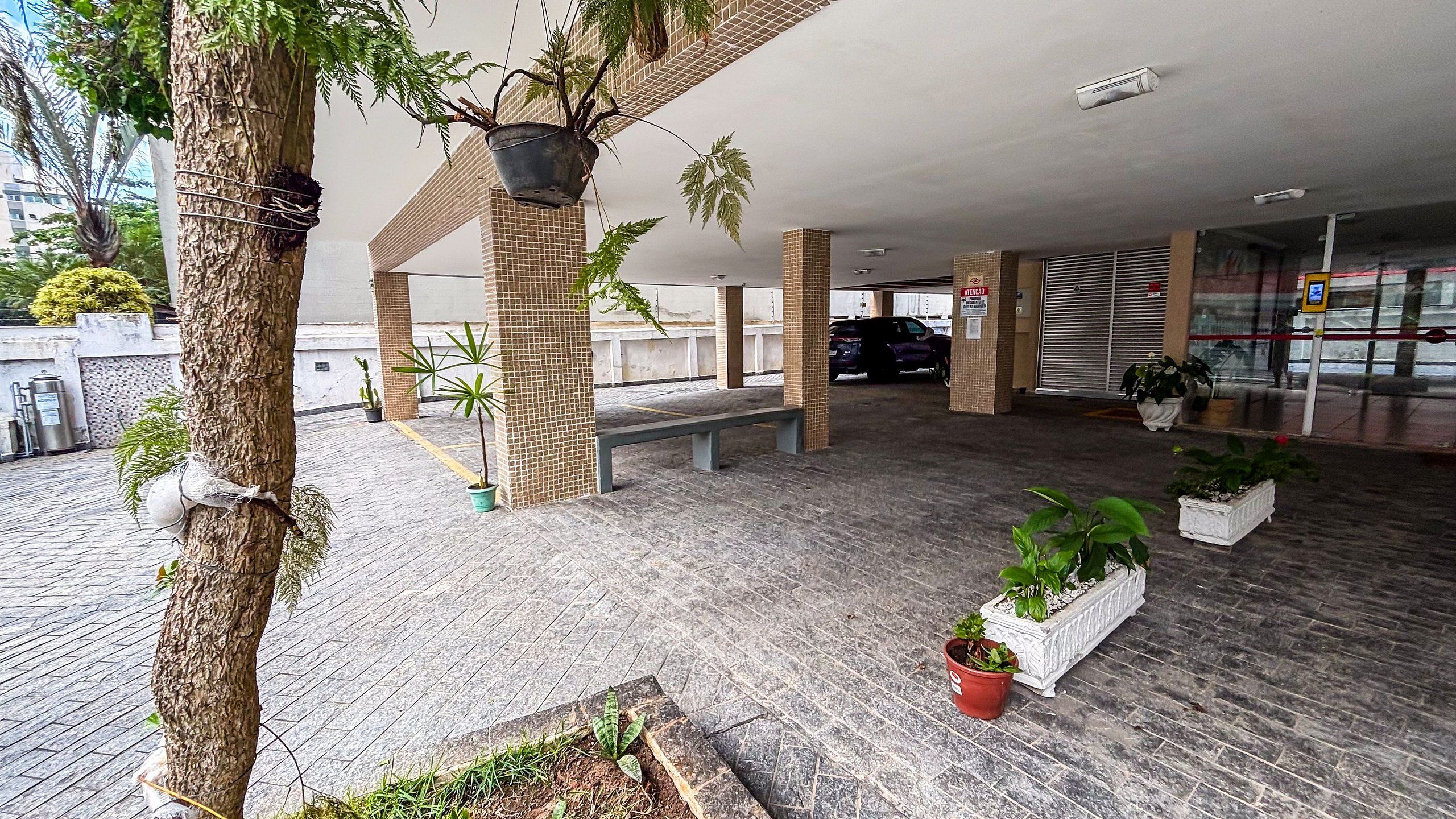 Amplio espacio al aire libre con piso de baldosas, varias plantas en macetas, un banco y la entrada de un edificio.