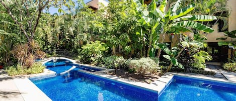 A swimming pool with a tiled edge, surrounded by lush tropical vegetation and a building with a tiled roof in the background.