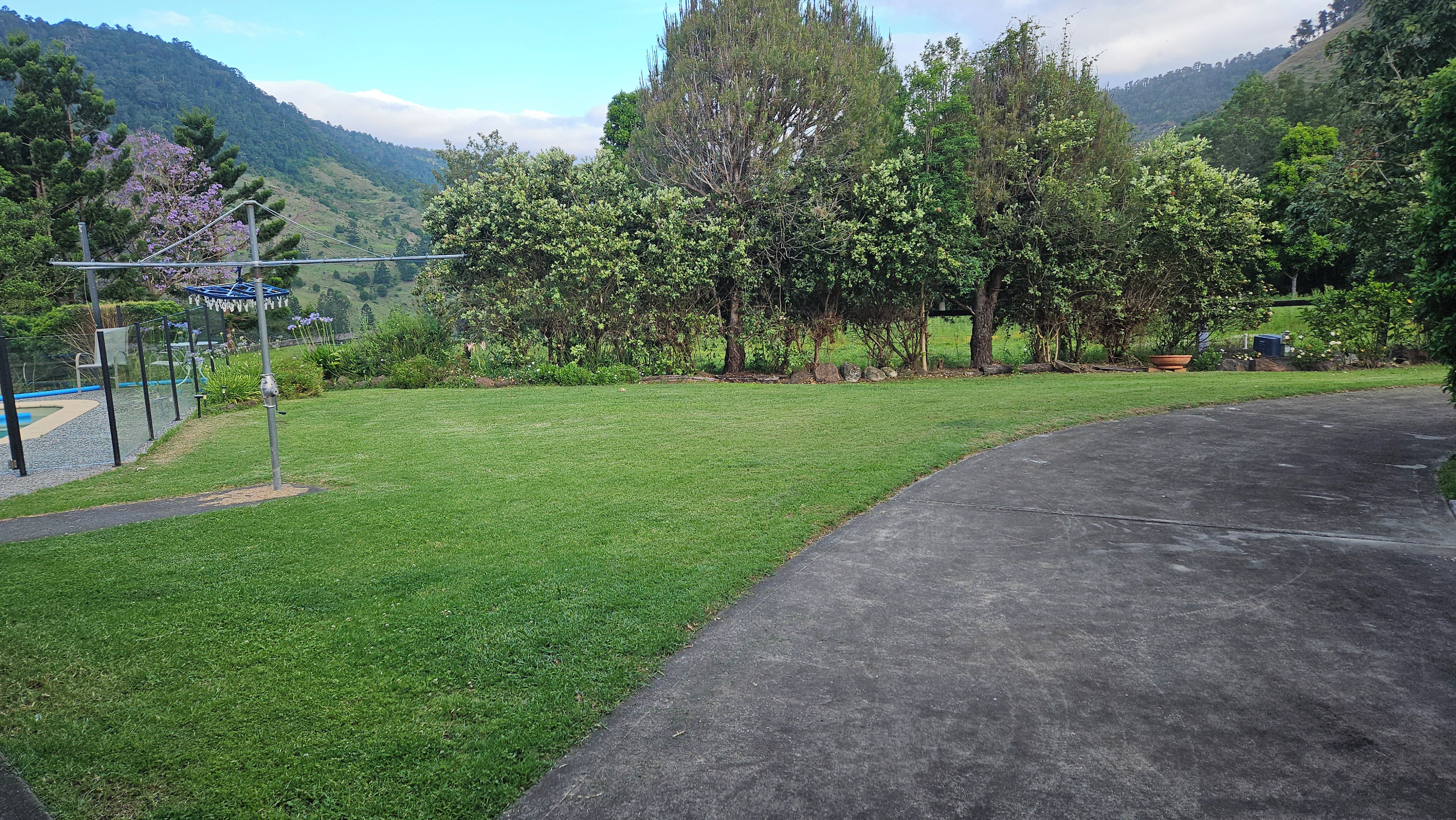 A grassy area with a paved path, trees, and a mountainous backdrop.