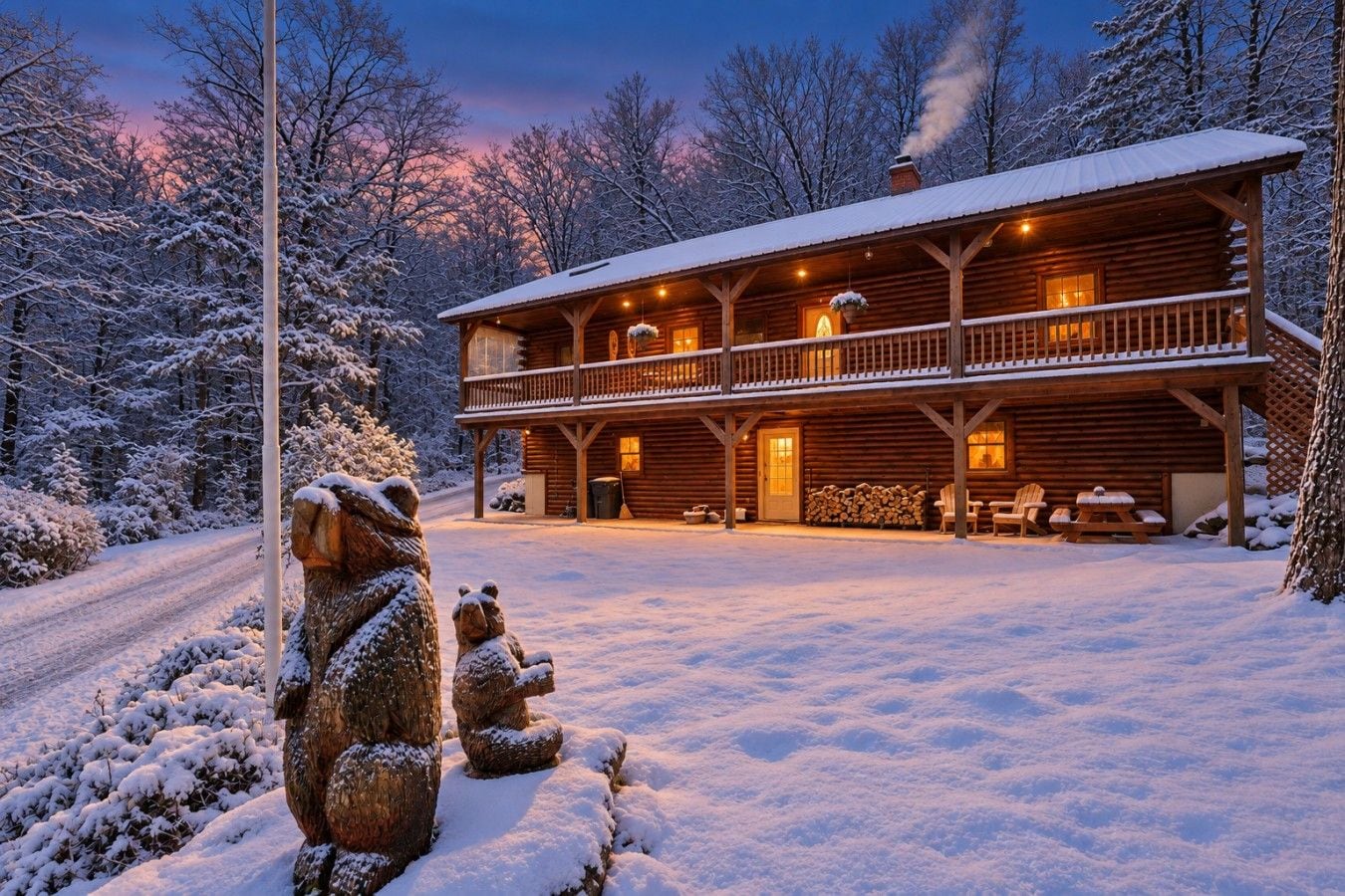 A log cabin with a balcony, surrounded by snow-covered trees.