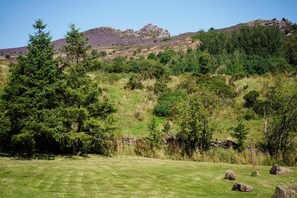 A grassy field with trees and a rocky hill in the background. - Shepherd's Hut with Private Hot Tub & Moorland Views, Peak District (Leek)