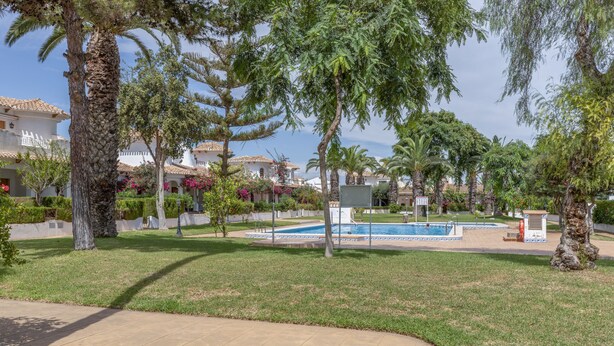 A pool area with a tiled deck, surrounded by palm trees and a building with a tiled roof.