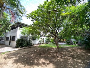 Ein Wohngebiet mit einem weißen Gebäude, einem Baum im Vordergrund und einem gepflasterten Weg.