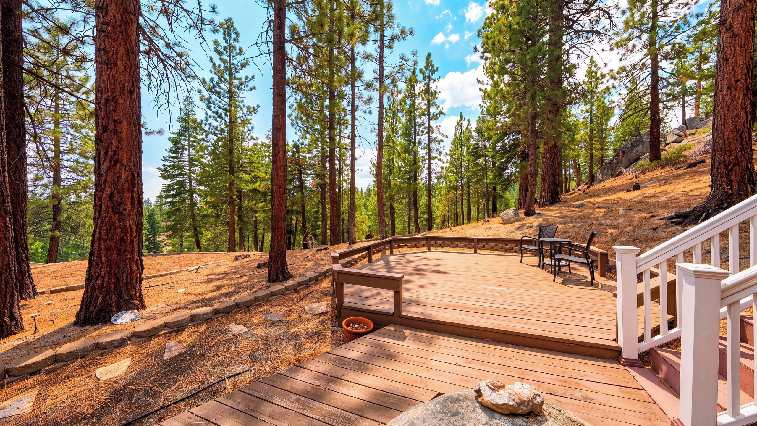 A wooden deck with a white railing, surrounded by tall pine trees and a clear sky.