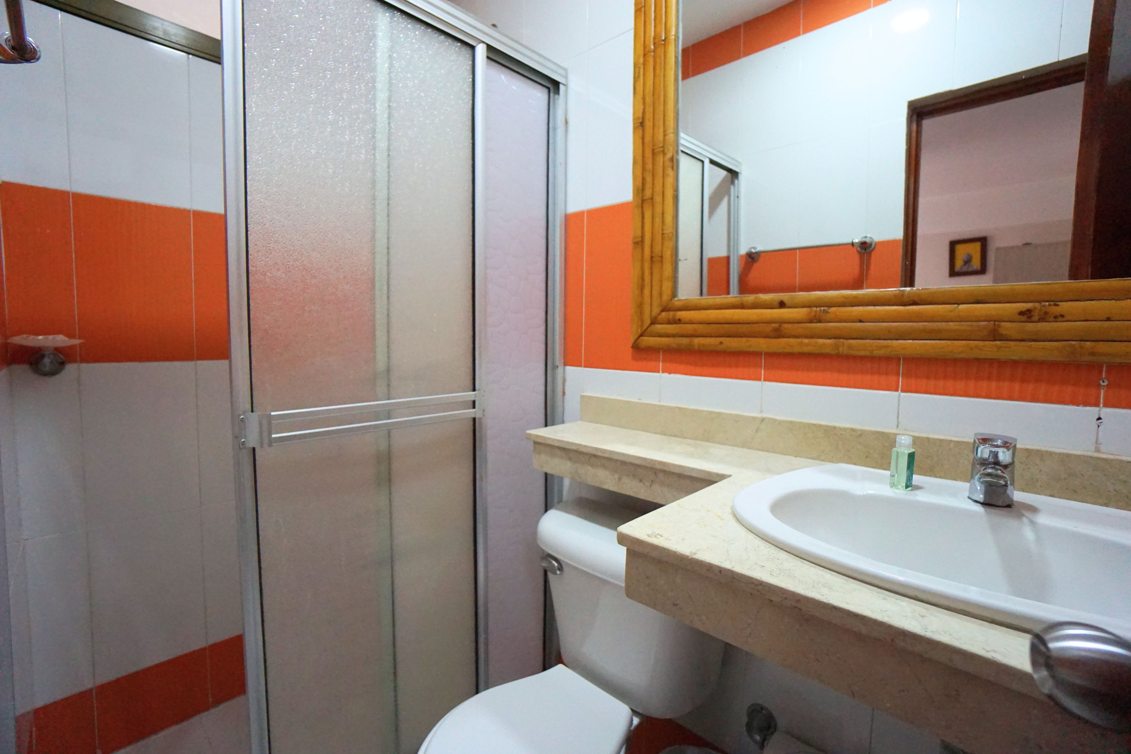 A bathroom with a shower, toilet, sink, and a mirror with a wooden frame.
