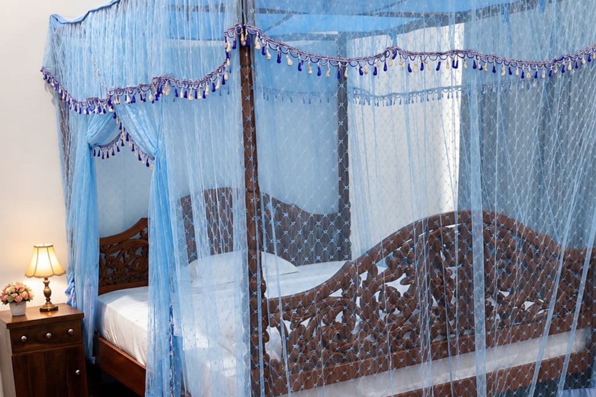 A room with a bed under a blue canopy, a nightstand with a lamp, and a patterned carpet.