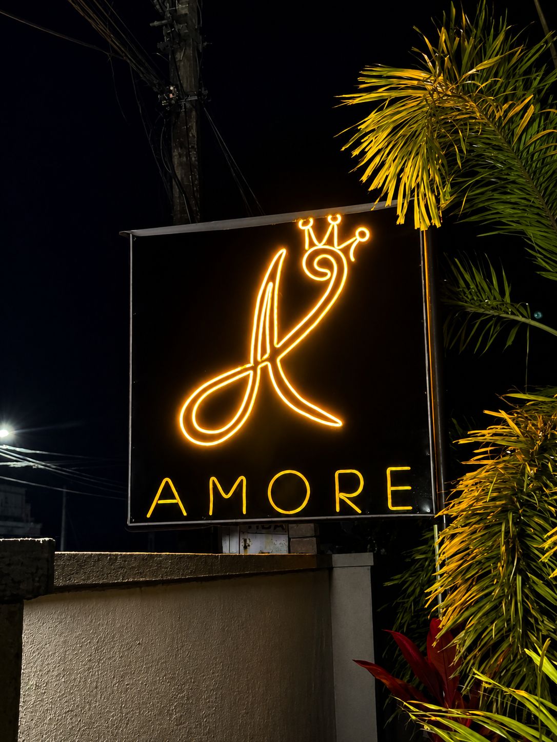 Un letrero de neón con un símbolo de corona y la palabra 'AMORE' sobre un fondo oscuro.