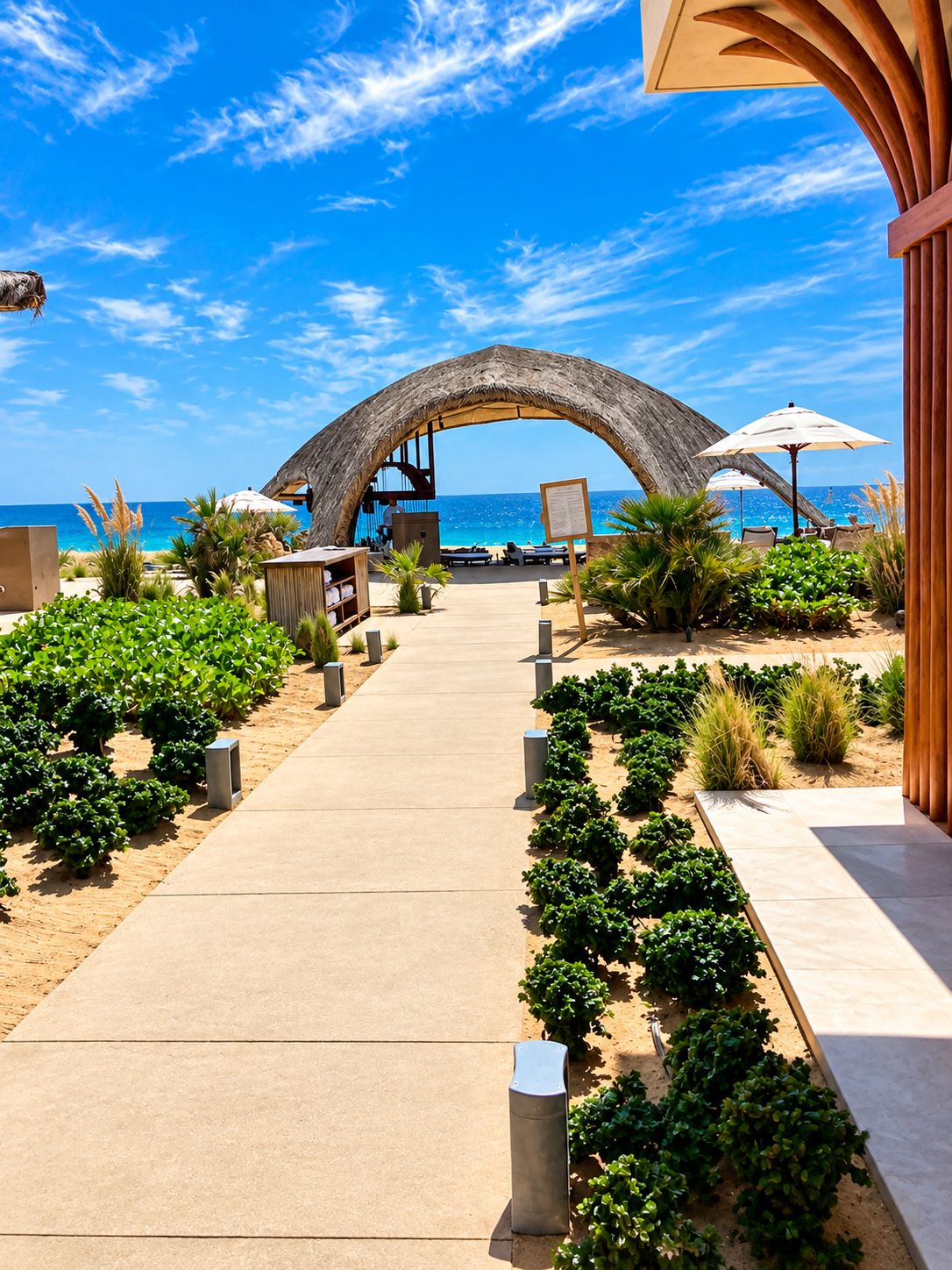 A pathway leading to a beach area with a thatched structure, lounge chairs, and a view of the ocean.