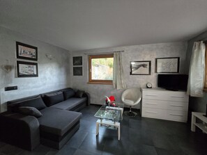 A modern living room with a grey sofa, a glass coffee table, a white armchair, a TV, and framed pictures on the wall. - Chalet Soàndel Nature & Relax (Trentino-Alto Adige)