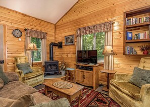 Un intérieur de chalet chaleureux avec une cheminée, un téléviseur, des étagères à livres et des sièges confortables.