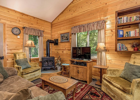 A cozy cabin interior with a fireplace, television, bookshelves, and comfortable seating.