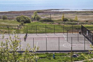 An outdoor basketball court with a view of the sea, surrounded by a fence and greenery. - The Pirate Ship Chalet (Fish Haven)
