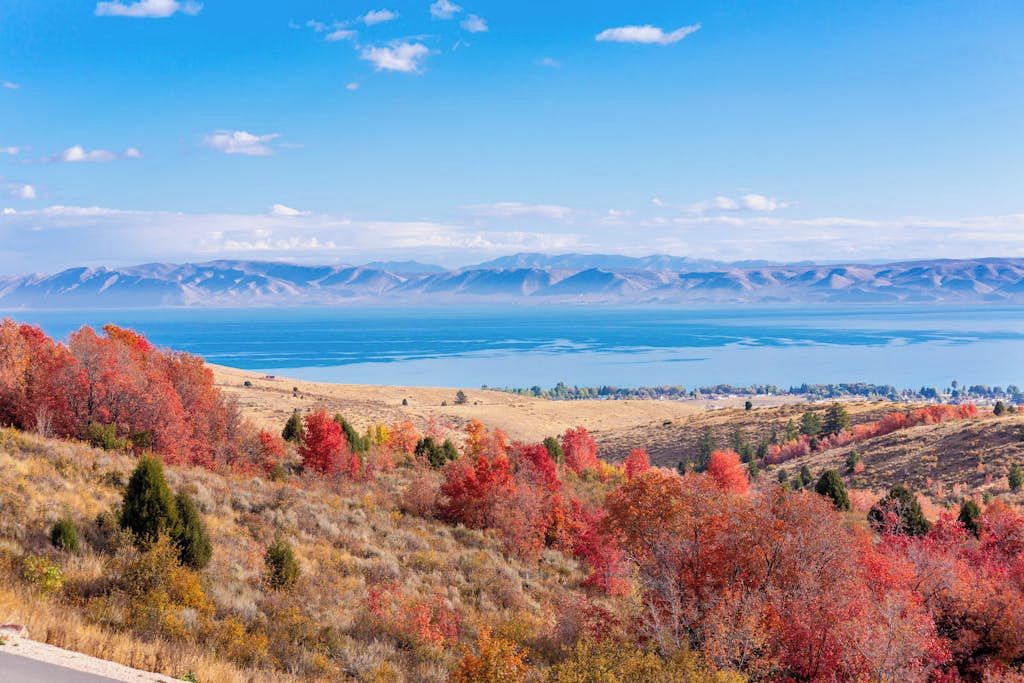 Vista panorámica de un paisaje montañoso con un lago y árboles de colores otoñales.