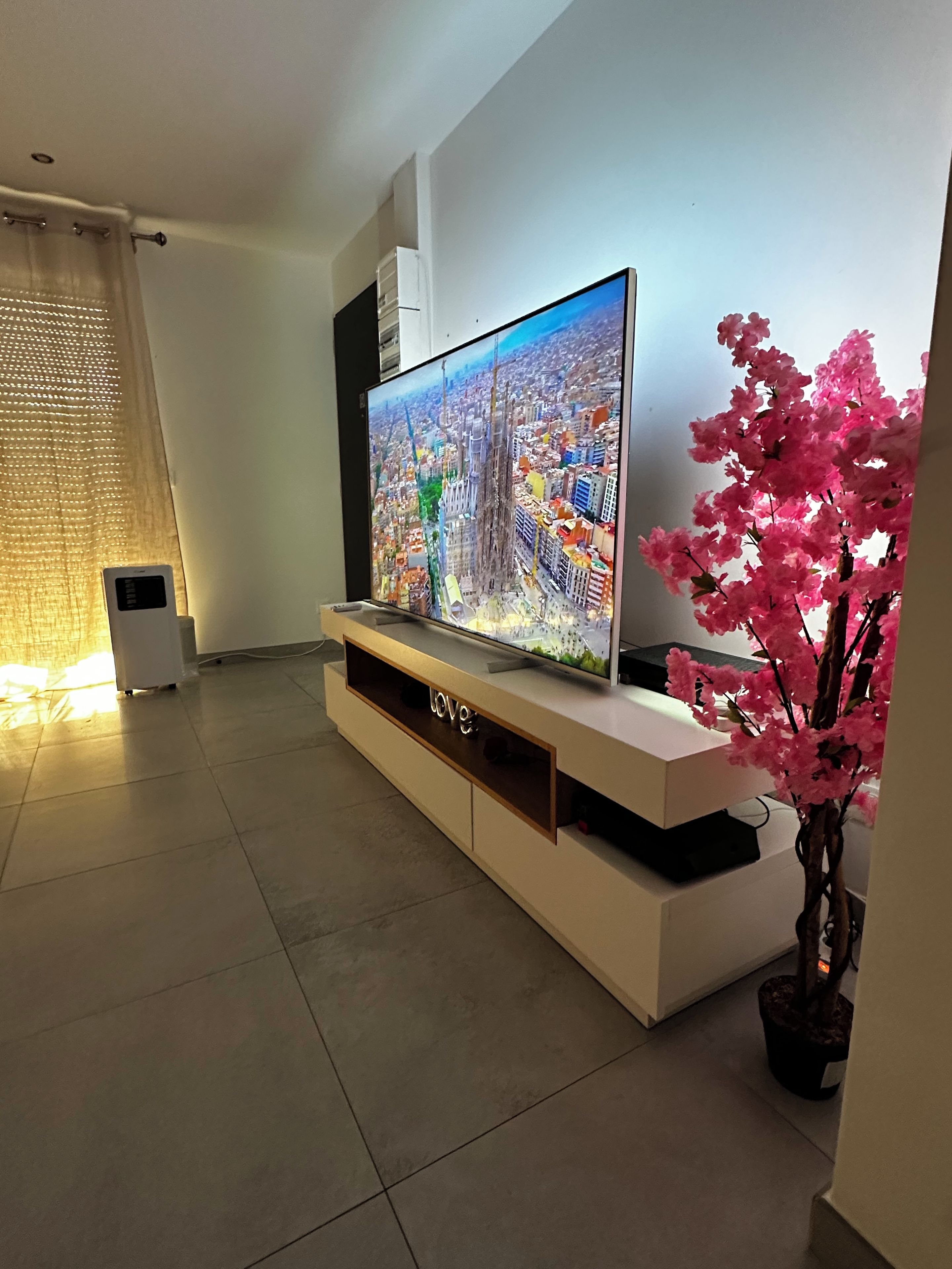 A modern living room with a flat-screen TV on a white entertainment unit, a potted plant with pink flowers, and a large window with sheer curtains.