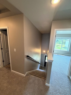 A carpeted staircase with a handrail, a door leading to another room, and a window with a view of a yard.