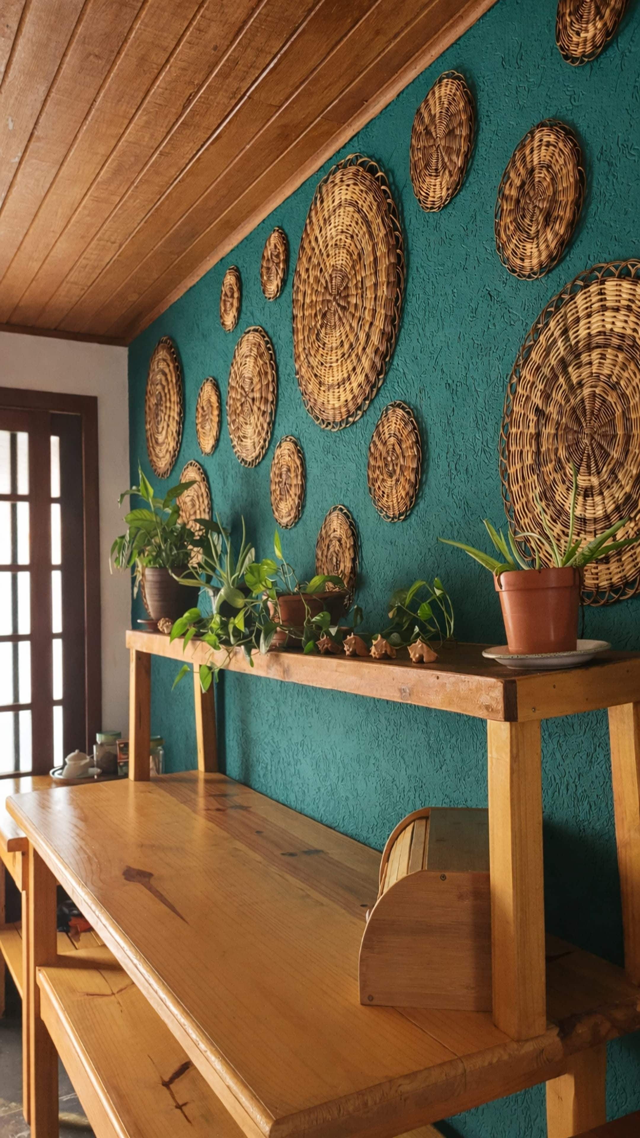 A room with a wooden bench, a teal textured wall, and woven wall hangings.