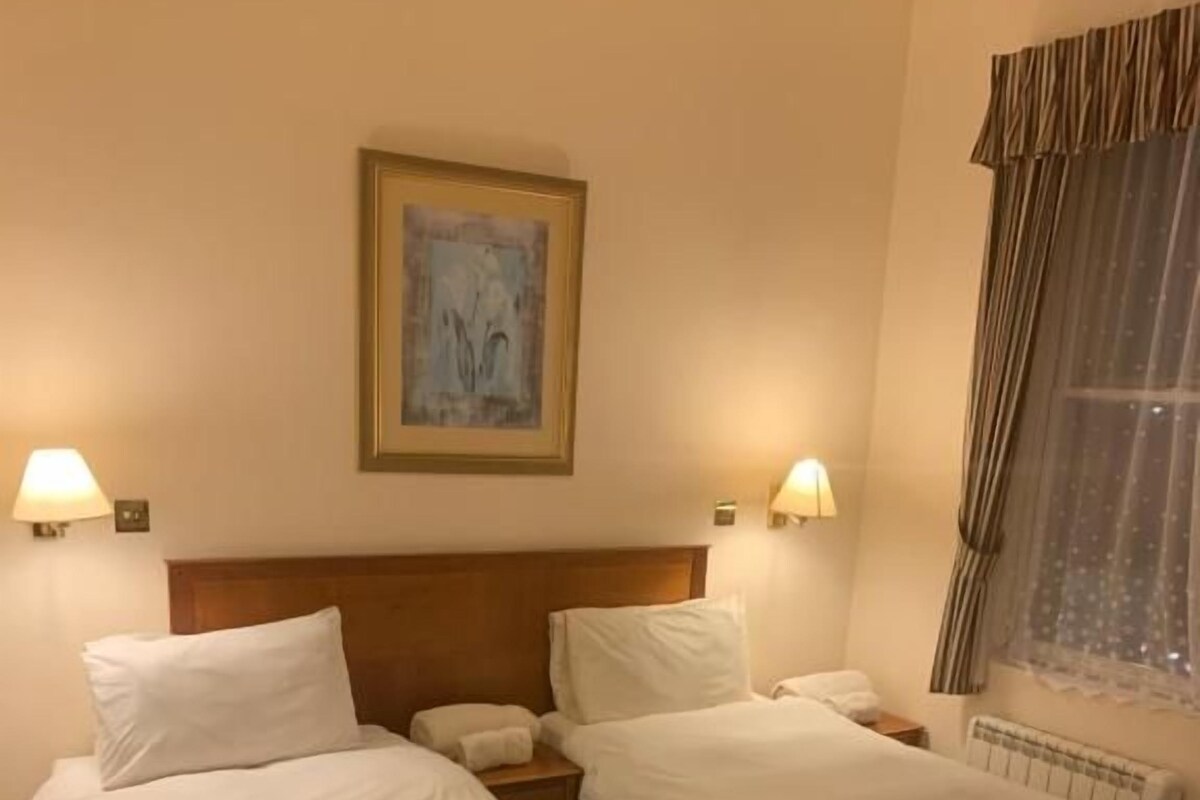 Une chambre d’hôtel avec deux lits, une tête de lit, des lampes de chevet, un tableau au mur et une fenêtre avec des rideaux.