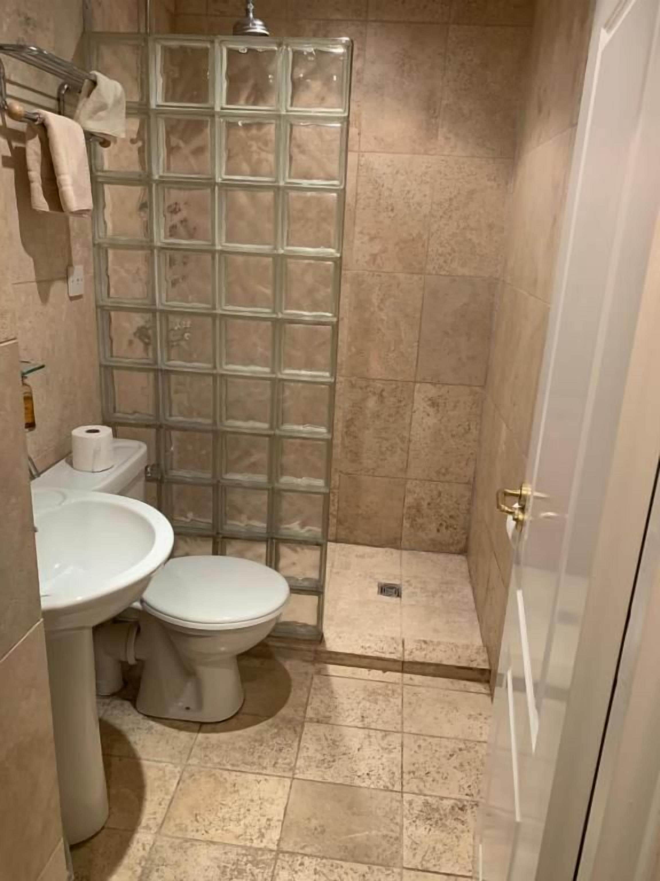 Ein Badezimmer mit Duschkabine, Toilette und Waschbecken.