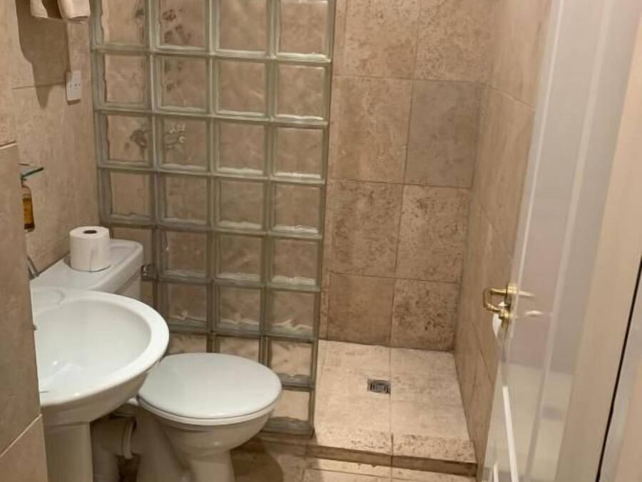 A bathroom with a glass shower enclosure, a toilet, and a sink.