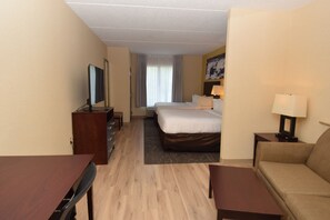 A hotel room with a bed, a desk, a chair, a sofa, a television, and a window with curtains.
