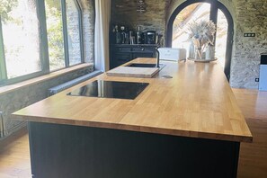A modern kitchen with a wooden countertop, built-in appliances, and a stone wall. - Renovated Cévennes-style house – heated pool in the forest (Les Plantiers)