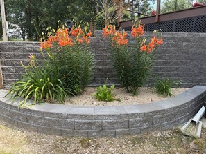 Un jardí paisatjistic amb una varietat de plantes i flors, una paret de retenció de pedra i un pont de fusta al fons.