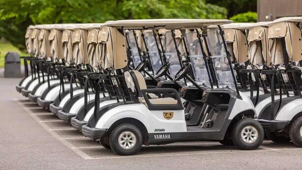 A row of golf carts parked in a lot with trees in the background. - Pet-Friendly with Treehouse, Deck in The Woods Resort (Hedgesville)